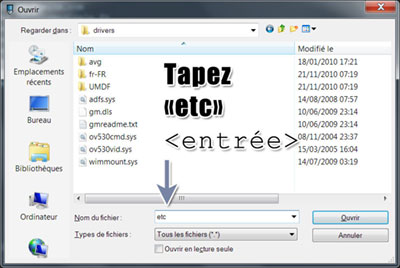 Windows dossier etc invisible et il faut taper etc