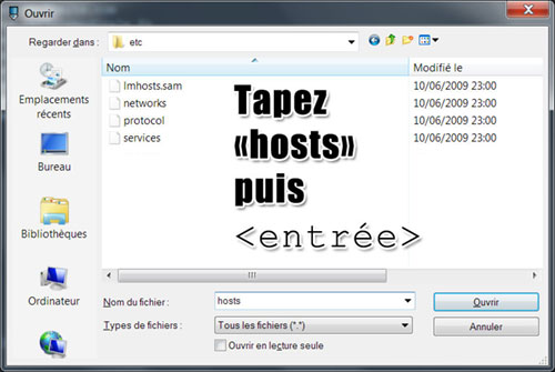 Windows fichier hosts invisible et il faut taper hosts
