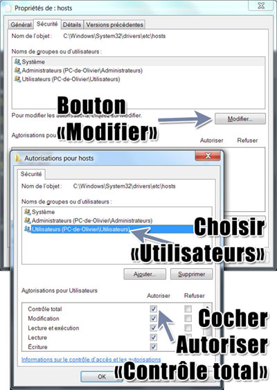 Windows comment modifier les autorisations du fichier hosts