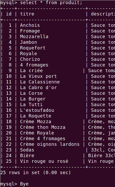 Image qui montre un décalage de résultat d'une requête mysql en ligne de commande