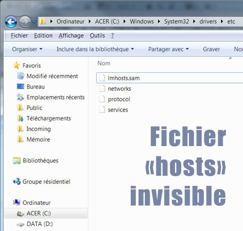 Windows fichiers hosts invisible